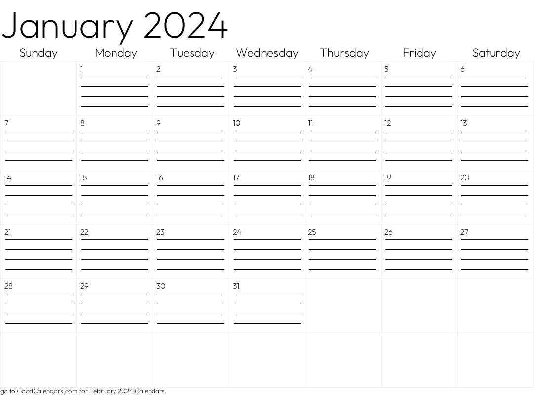 Lined January 2024 Calendar Template In Landscape - Free Printable 2024 Monthly Calendar With Lines