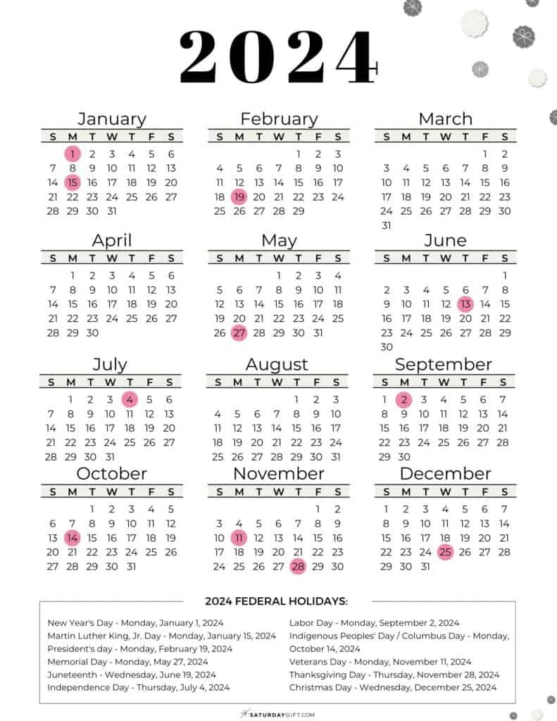 List Of Federal Holidays 2024 In The U S SaturdayGift - Free Printable 2024 Monthly Calendar With Federal Holidays