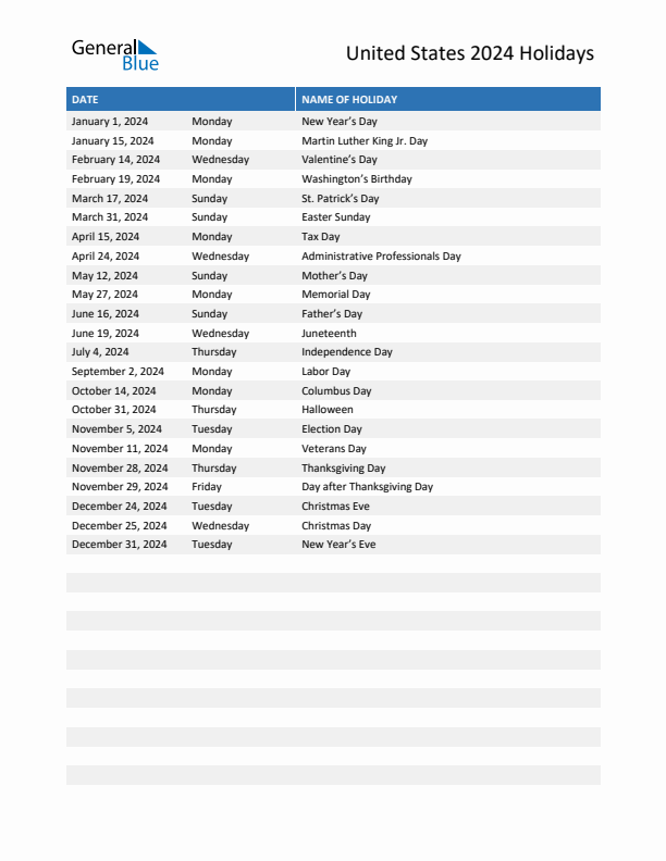 List Of Holiday Dates For 2024 Lelah Natasha - Free Printable 2024 Calendar With Usa Holidays