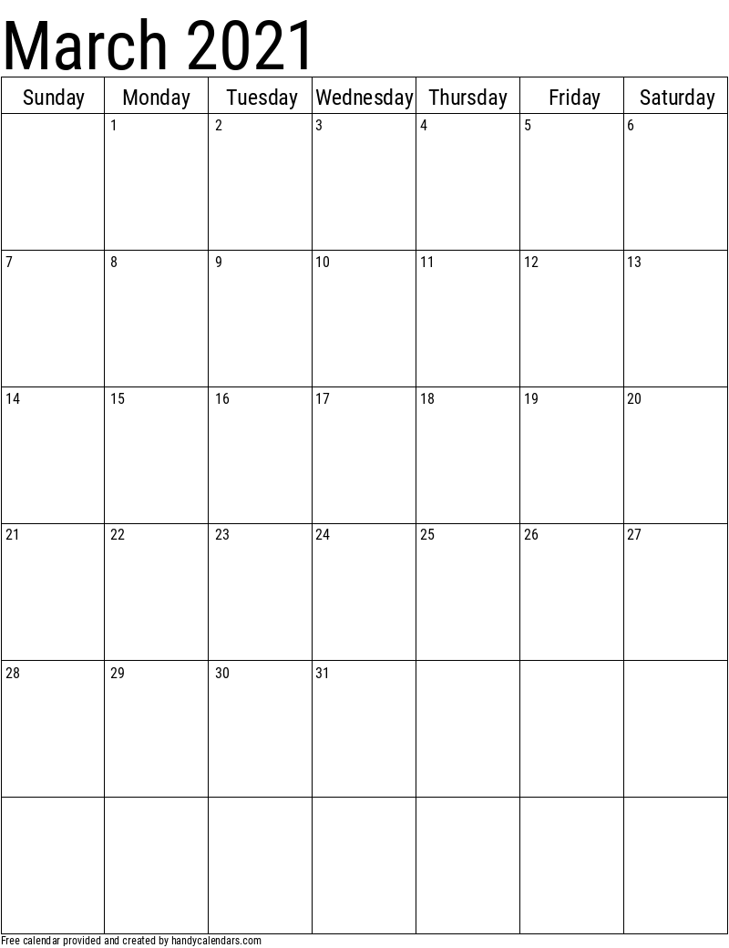 March 2021 Vertical Calendar Handy Calendars - Free Printable 2024 Monthly Calendar Vertical