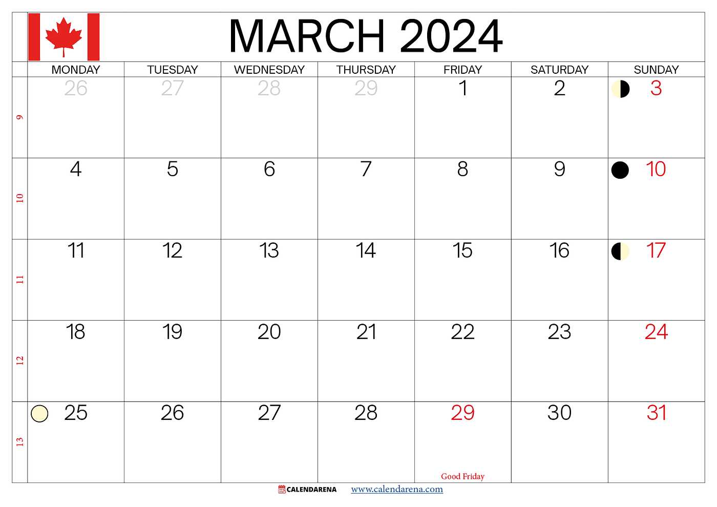 March 2024 Calendar Canada With Holidays |Calendarena | Medium intended for Free Printable Calendar 2024 By Month Canada