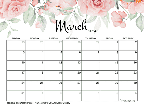 March 2024 Calendar Free Printable With Holidays