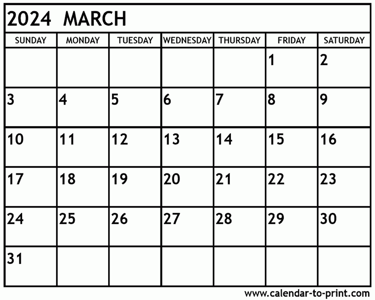 March 2024 Calendar Printable pertaining to Free Printable Blank March Calendar 2024