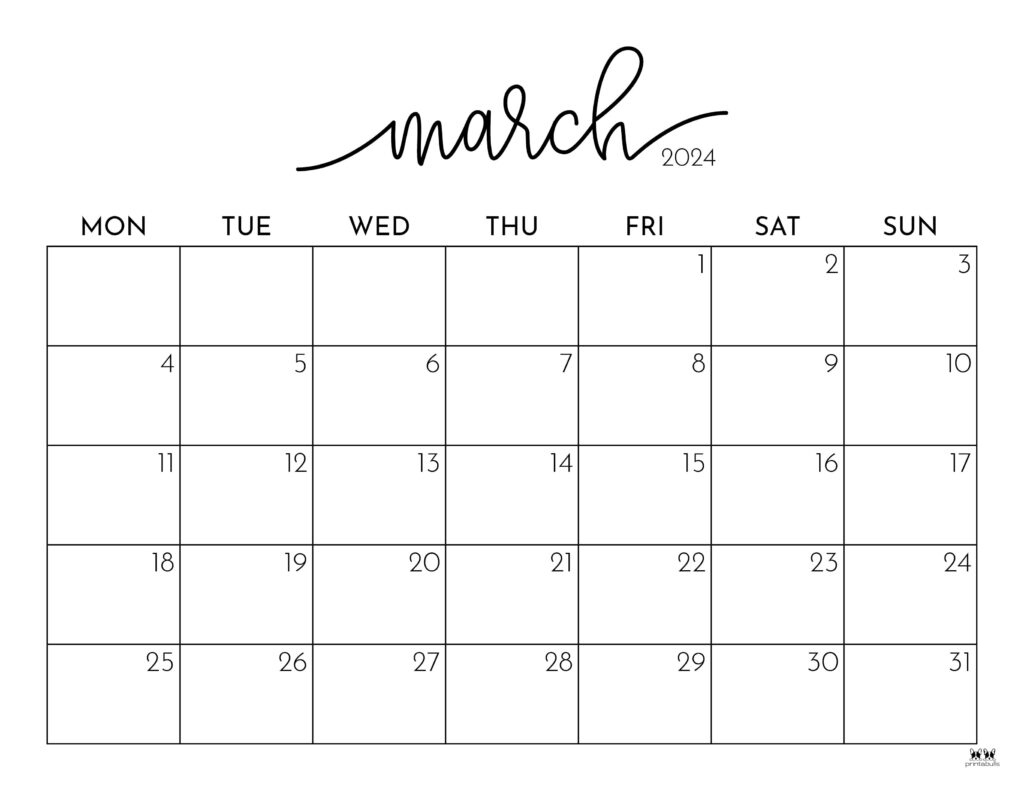 March 2024 Calendars - 50 Free Printables | Printabulls within Free Printable Calendar 2024 Starting With Monday