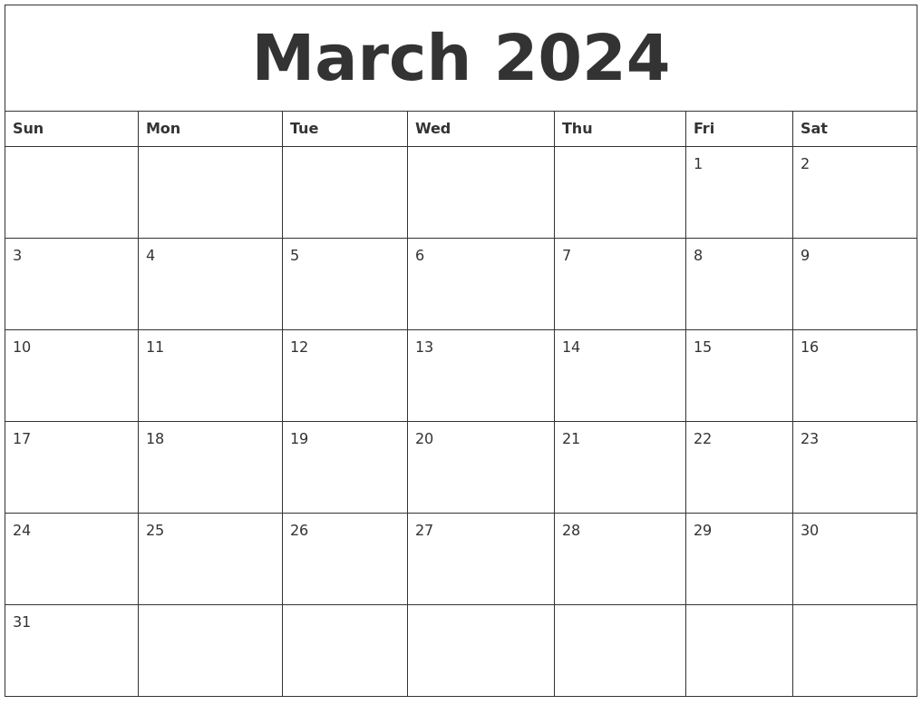 March 2024 Free Printable Blank Calendar - Free Printable Blank Calendar 2024 Printable