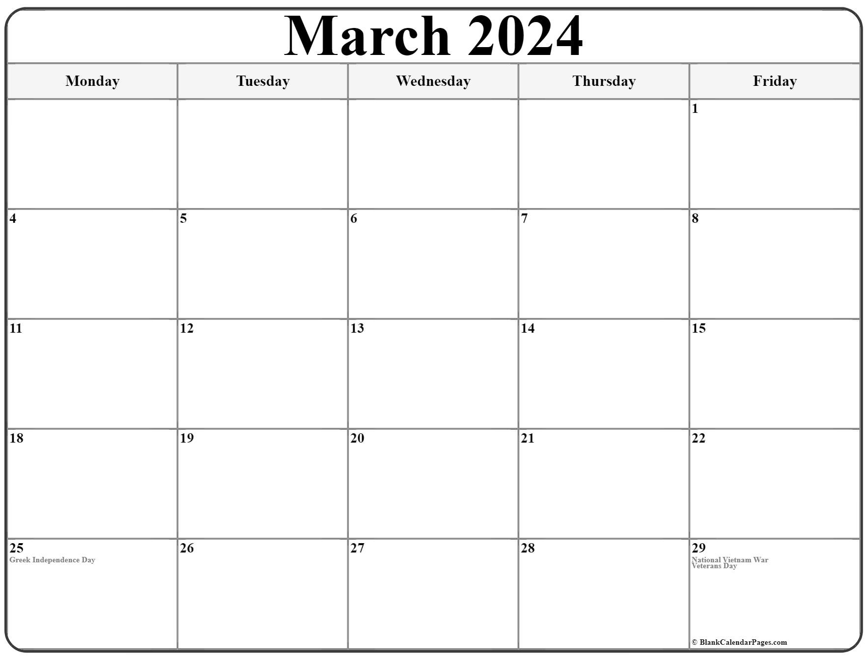 March 2024 Monday Calendar | Monday To Sunday within Free Printable Calendar 2024 Monday Through Friday