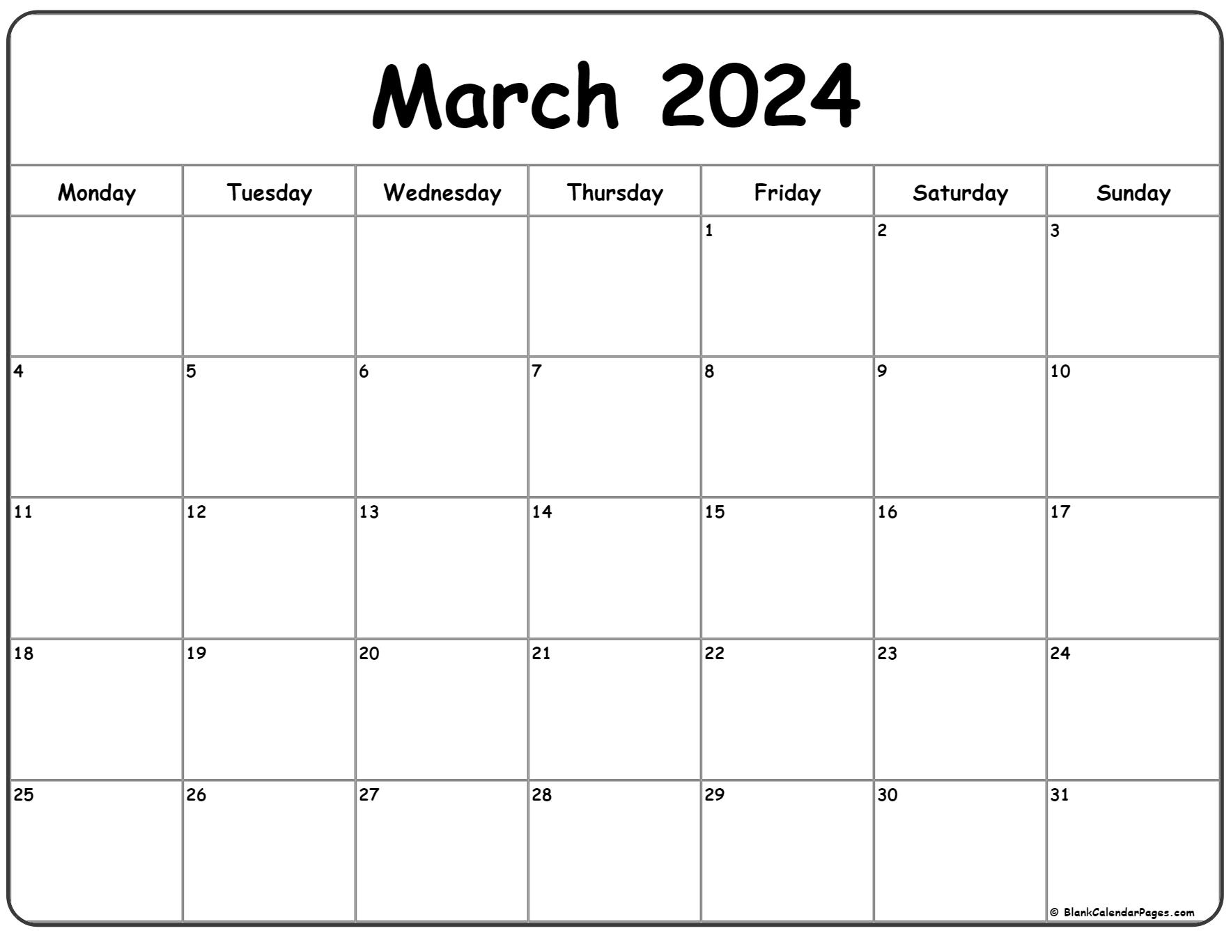 March 2024 Monday Calendar | Monday To Sunday within Free Printable Calendar 2024 Starting Monday