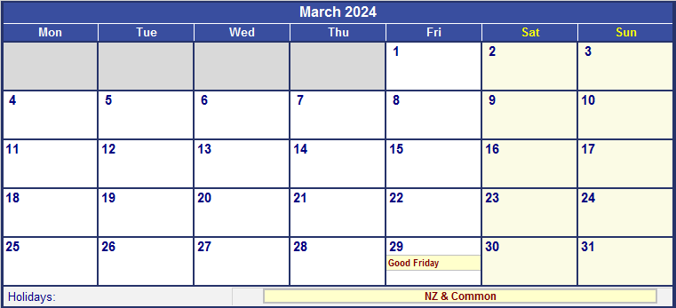 March 2024 New Zealand Calendar With Holidays For Printing image Format - Free Printable 2024 Calendar With Nz Holidays