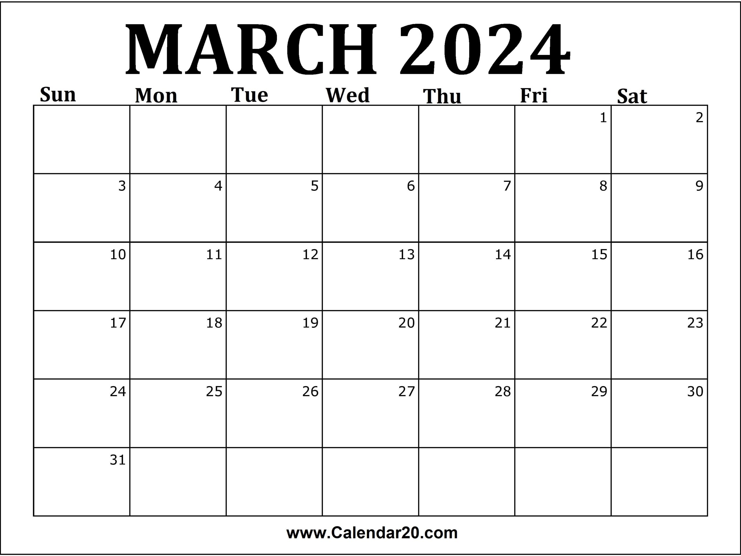 March 2024 Printable Calendar Calendar20 | Free Printable 2024 March Calendar