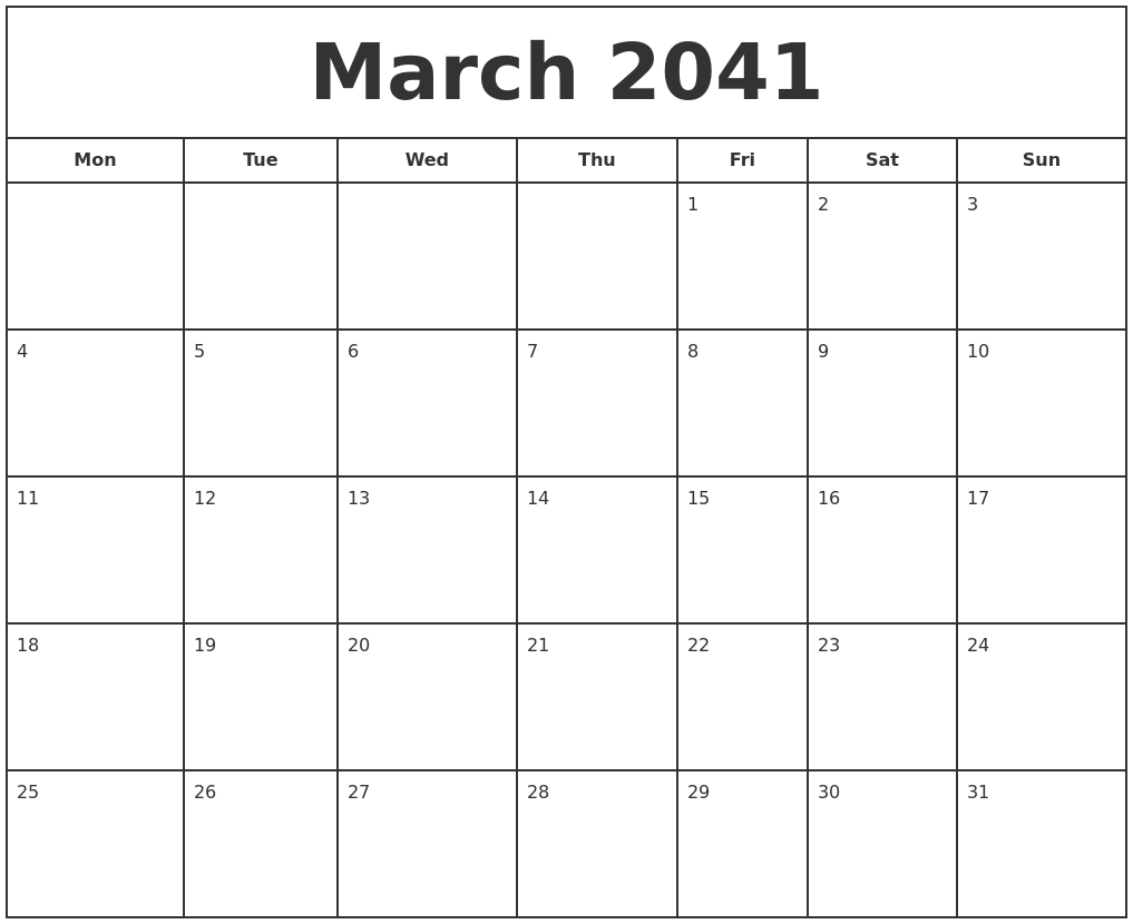 March 2041 Print Free Calendar - Free Printable 20241 Calendar
