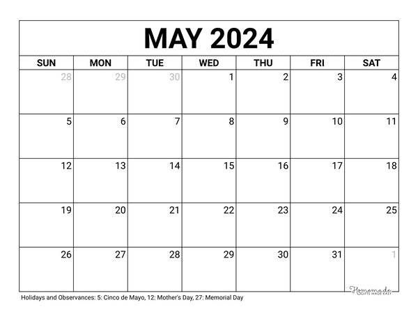 May 2024 Calendar Free Printable With Holidays | Free Printable Blank Calendar May 2024