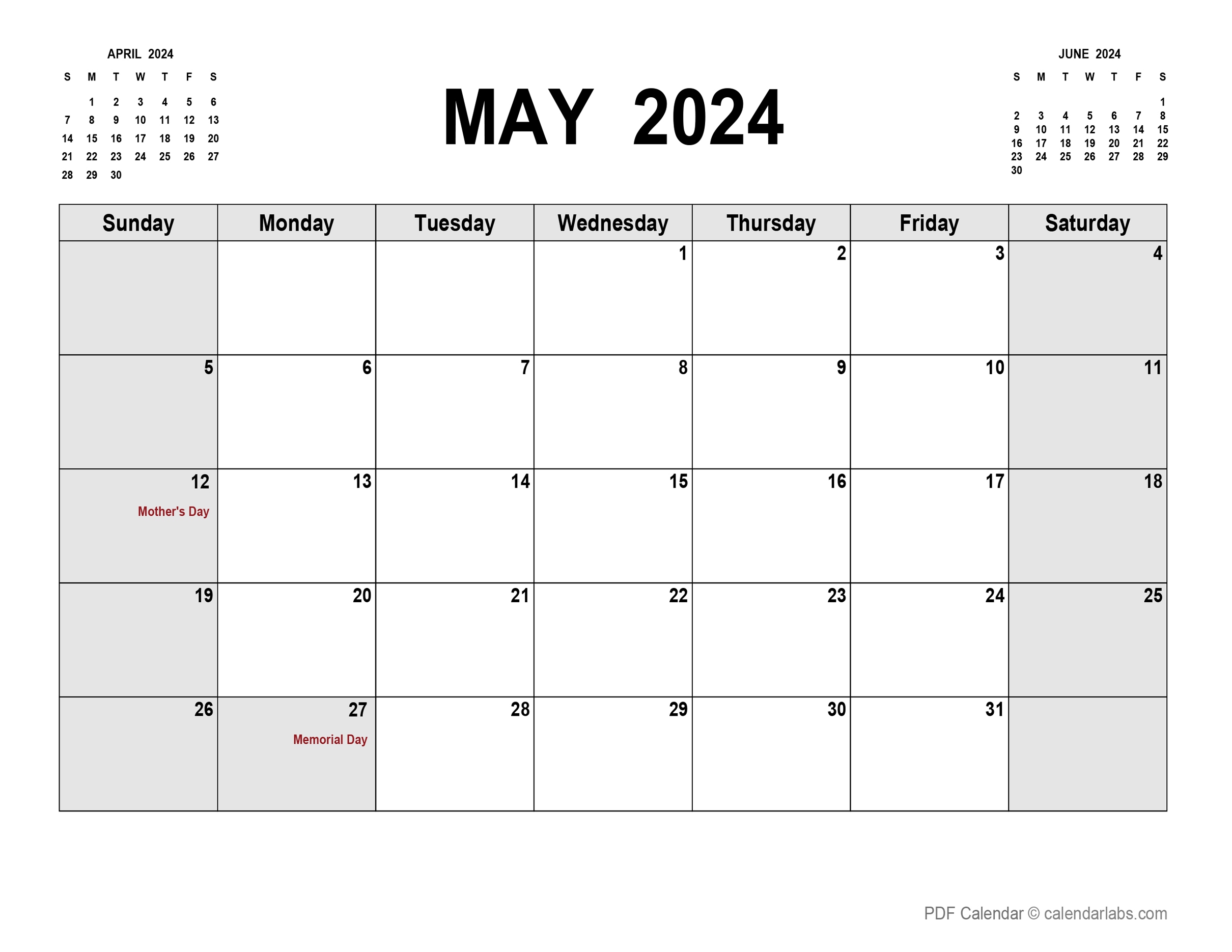 May 2024 Calendar With Holidays CalendarLabs - Free Printable Calendar 2024 Calendarlabs