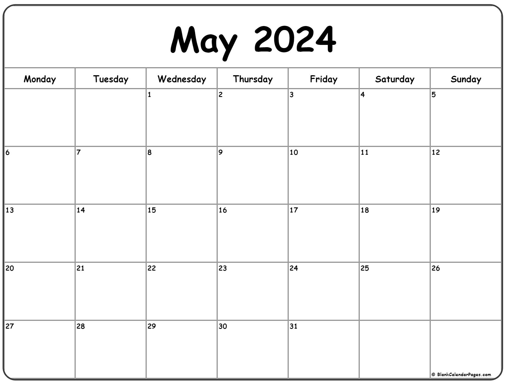 May 2024 Monday Calendar | Monday To Sunday throughout Free Printable Blank Calendar 2024 May