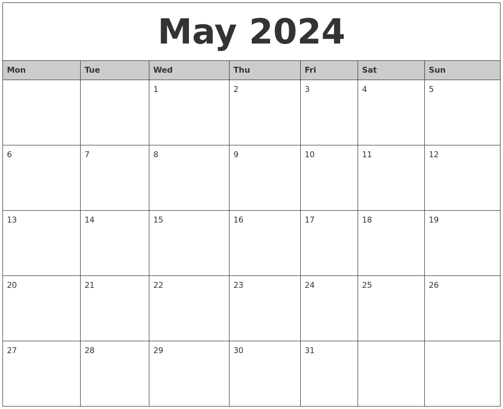 May 2024 Monthly Calendar Printable - Free Printable 2024 Calendar Without Downloading