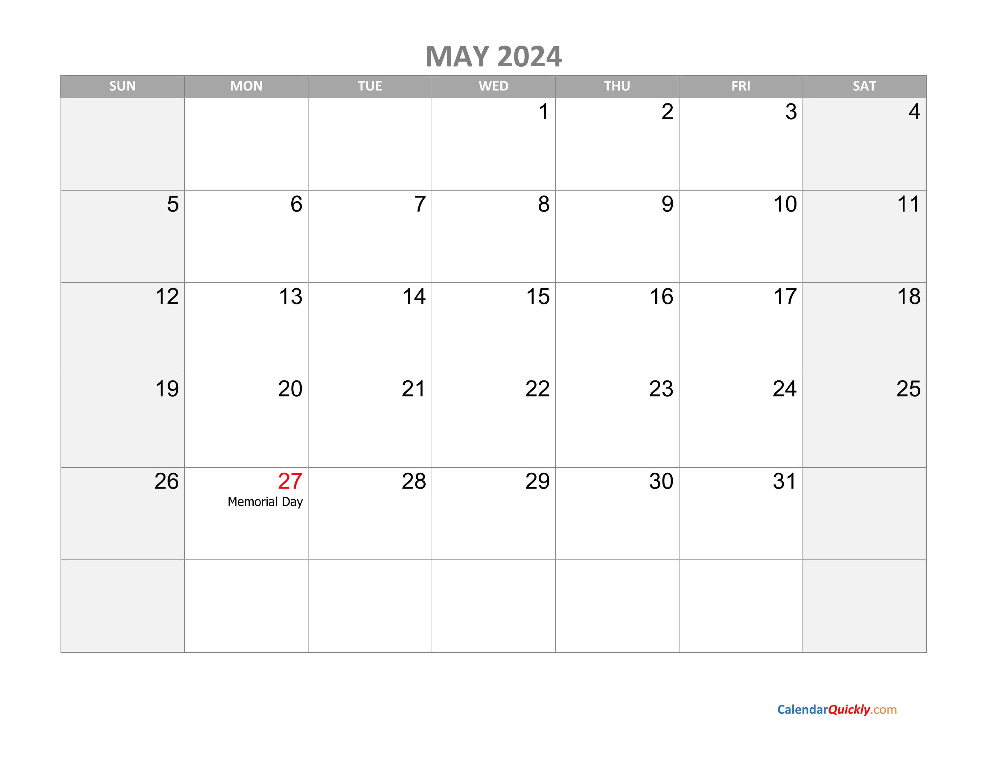 May 2024 With Holidays Calendar PELAJARAN - Free Printable 2024 May Calendar