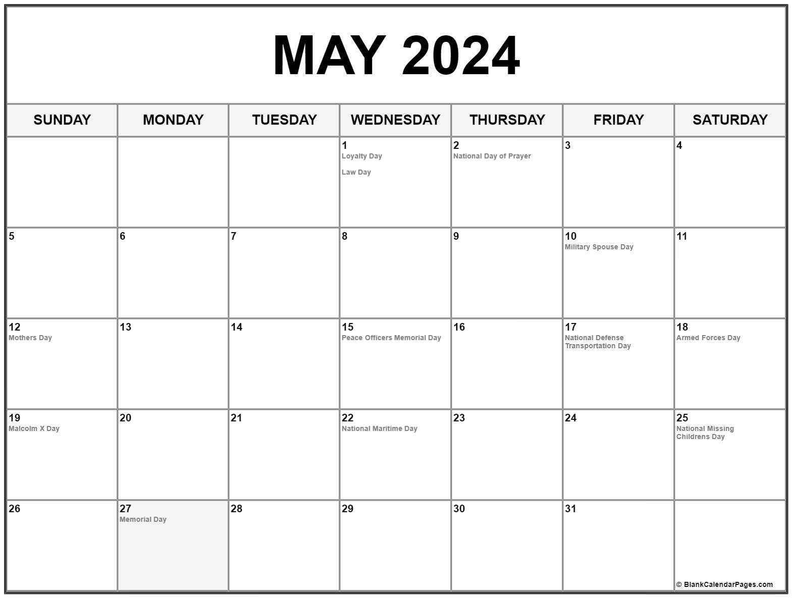 May Calendar 2024 With Holidays Printable Rivy Vinita - Free Printable 2024 Calendar With Holidays Pinterest