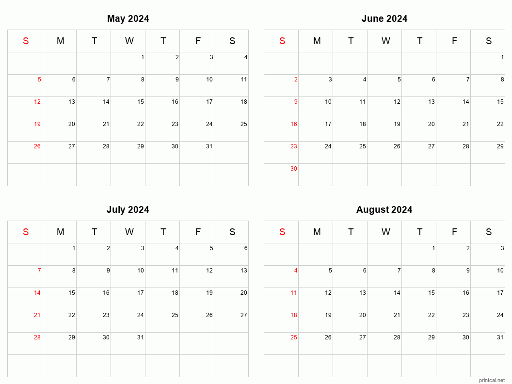 May To August 2024 Printable Calendar | Four Months Per Page in Free Printable Calendar 2024 4 Month Per Page