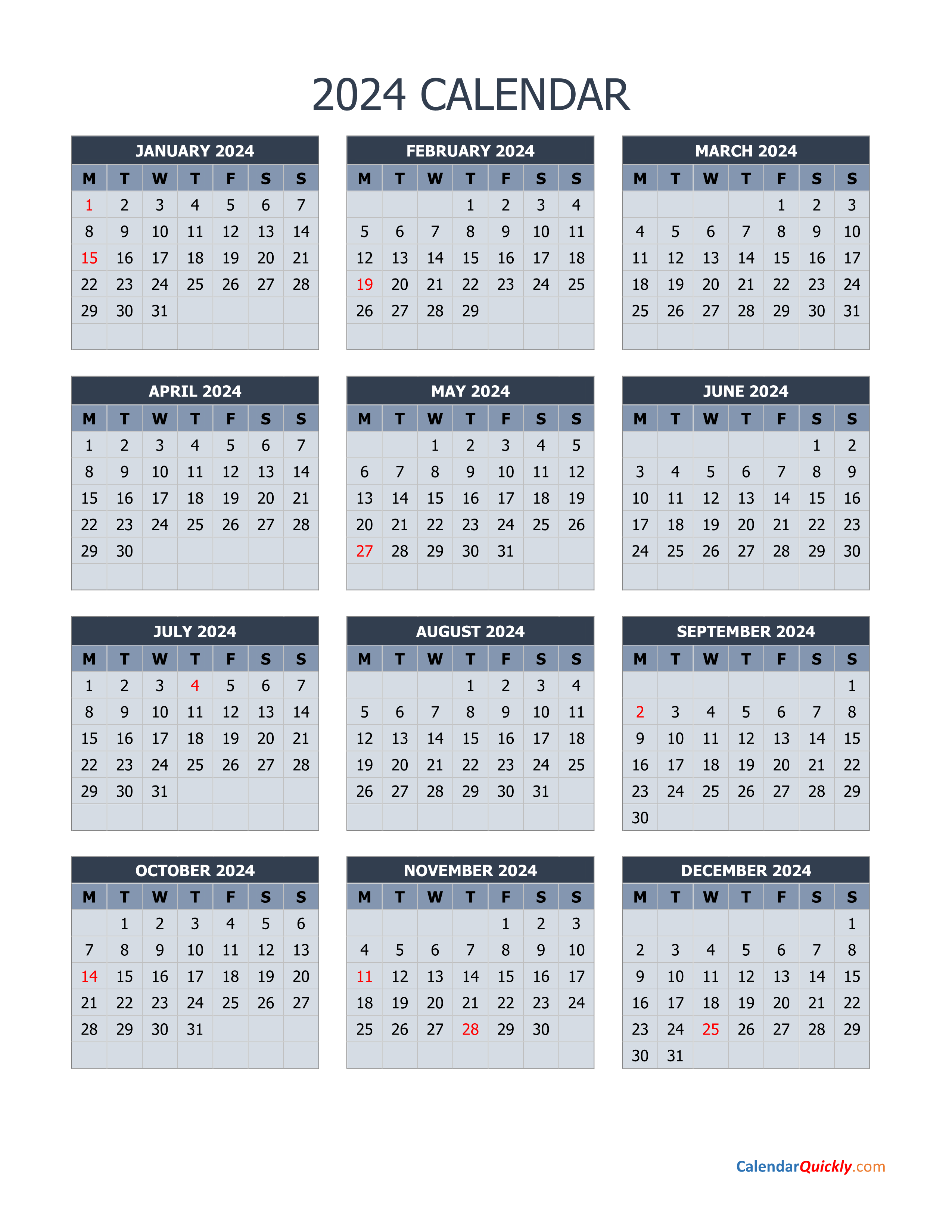 Monday 2024 Calendar Vertical Calendar Quickly | Free Printable 2024 Montly Calendar