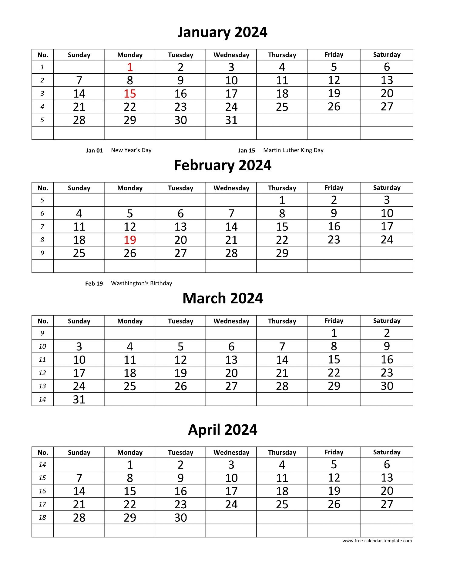 Monthly 2024 Calendar 4 Months Per Page (Vertical) | Free-Calendar for Free Printable Calendar 4 Months Per Page 2024