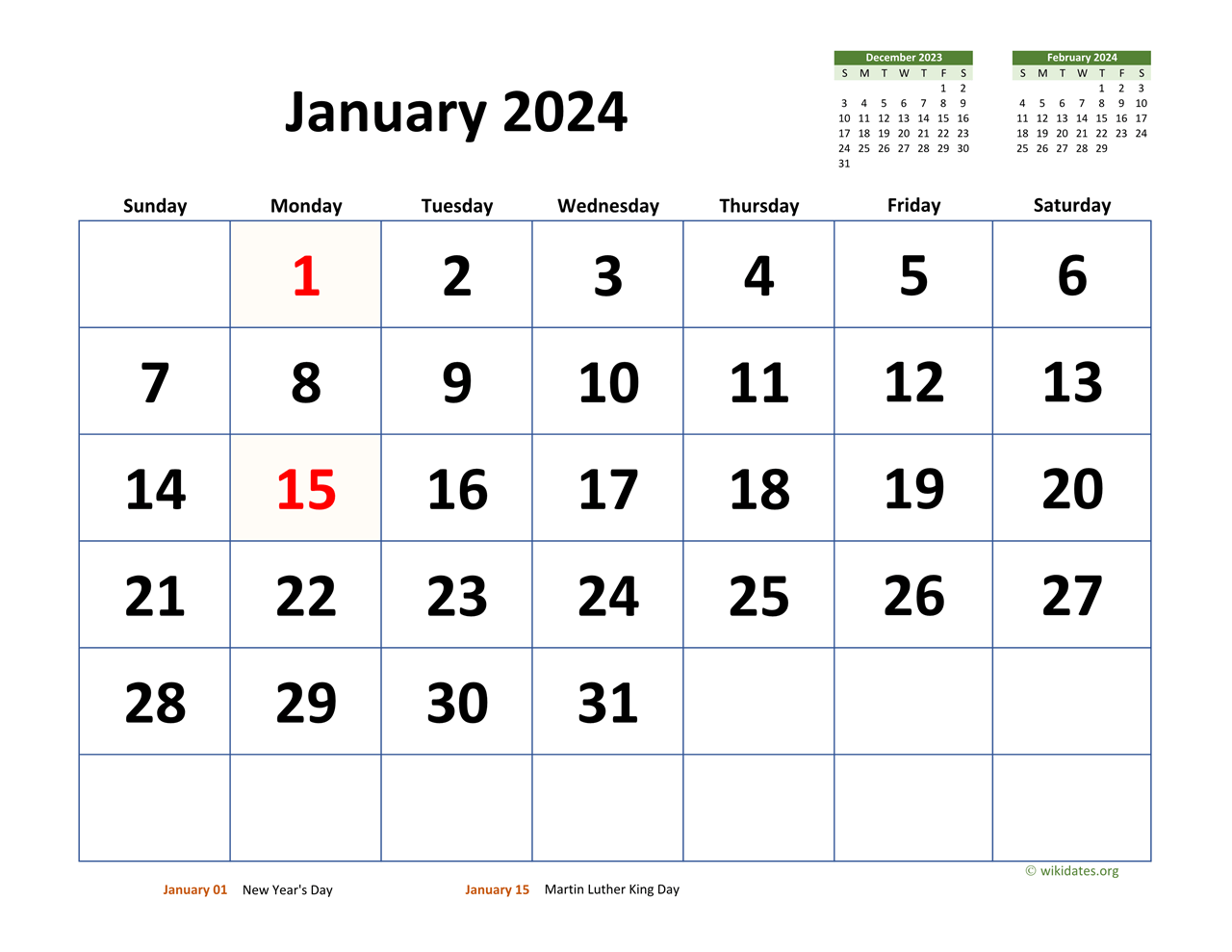Monthly 2024 Calendar With Extra large Dates WikiDates | Free Printable 2024 Calendar With Previous And Next Month