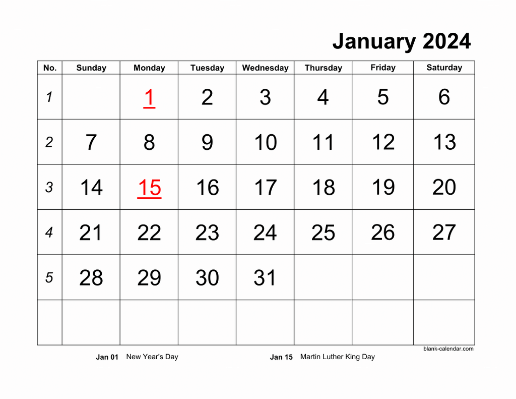 Monthly 2024 Calendars regarding Free Printable Calendar 2024 Big Numbers