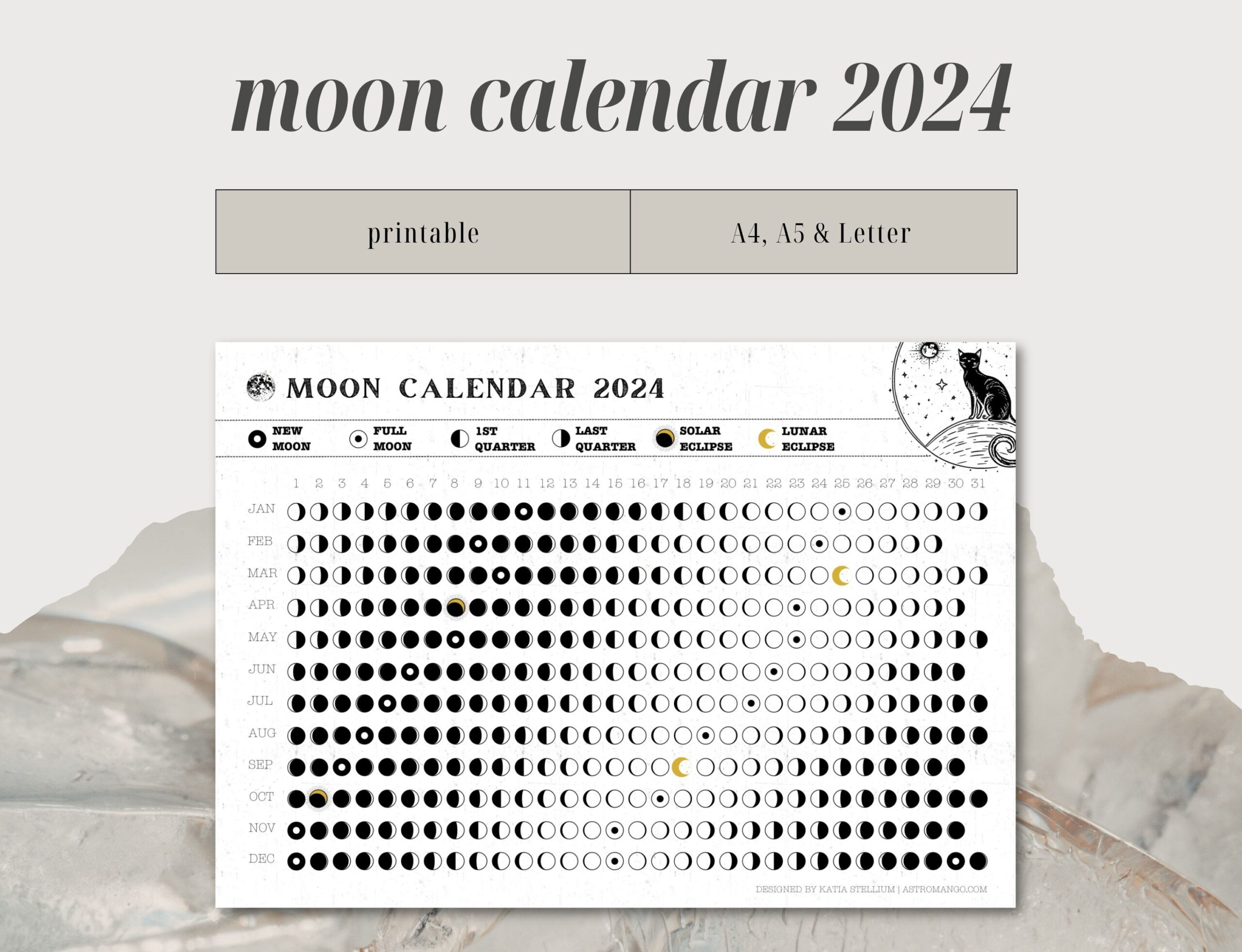 Moon Calendar Printable // Lunar Calendar 2024 // Moon Phases within Free Printable August Lunar Calendar 2024