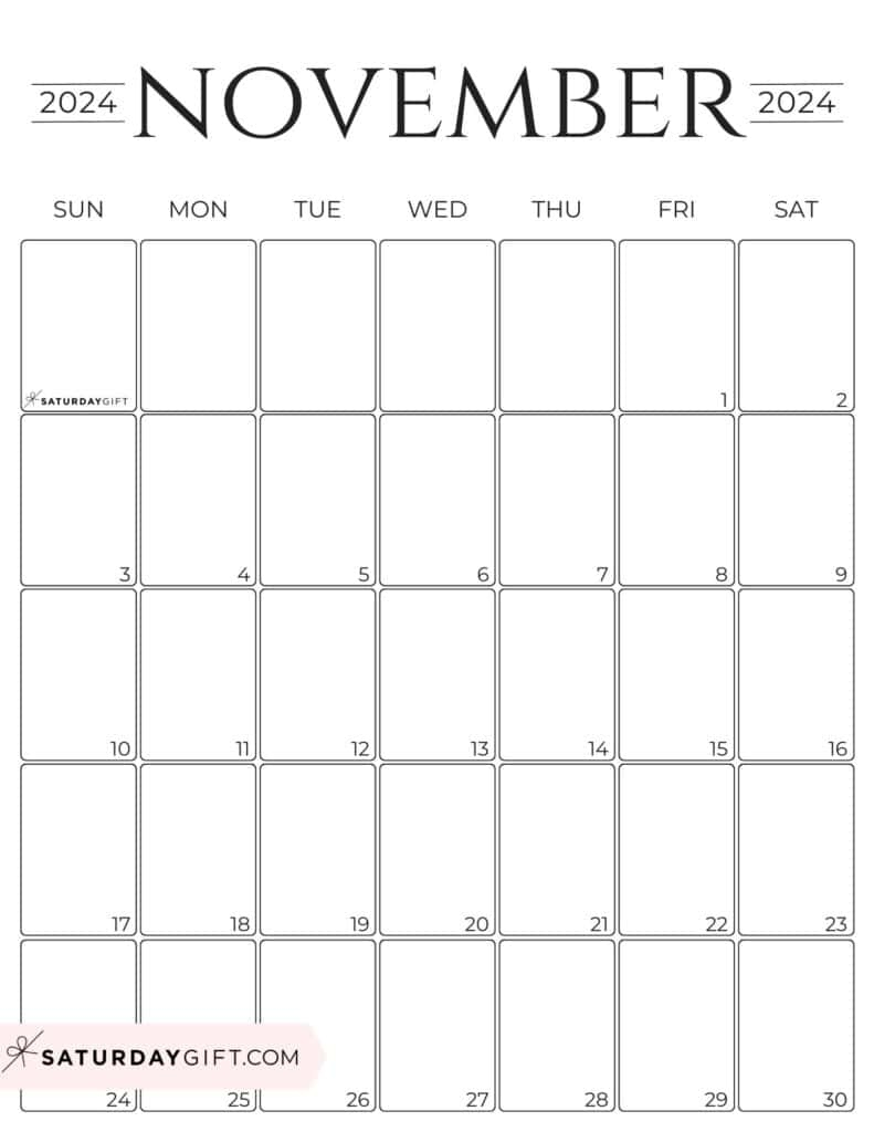 November 2024 Calendar - 20 Cute &amp;amp; Free Printables | Saturdaygift intended for Free Printable Blank Calendar November 2024