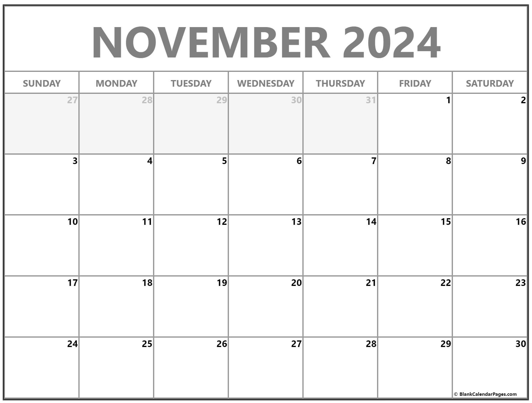 November 2024 Calendar | Free Printable Calendar pertaining to Free Printable Blank Calendar November 2024