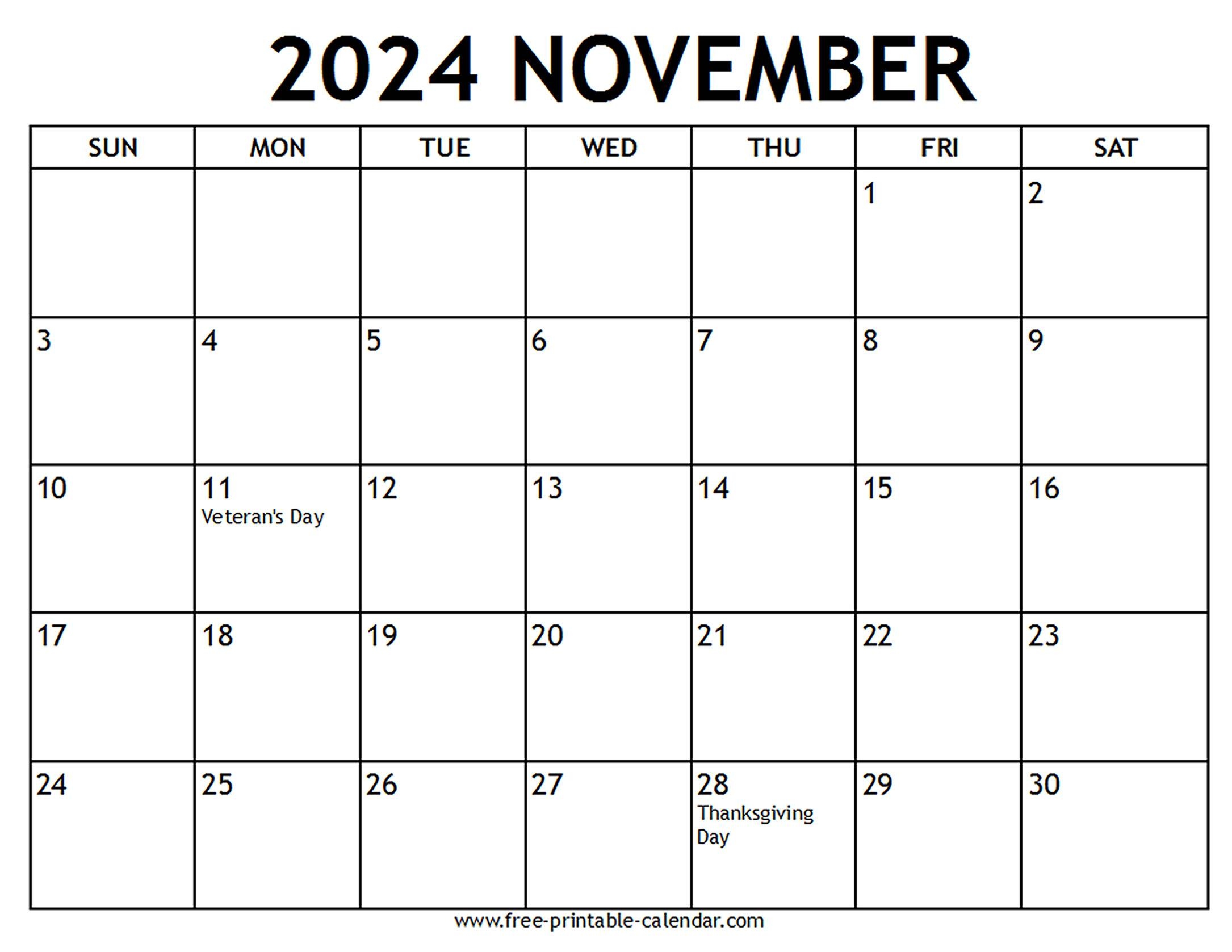 November 2024 Calendar Us Holidays - Free-Printable-Calendar with Free Printable Blank Calendar November 2024
