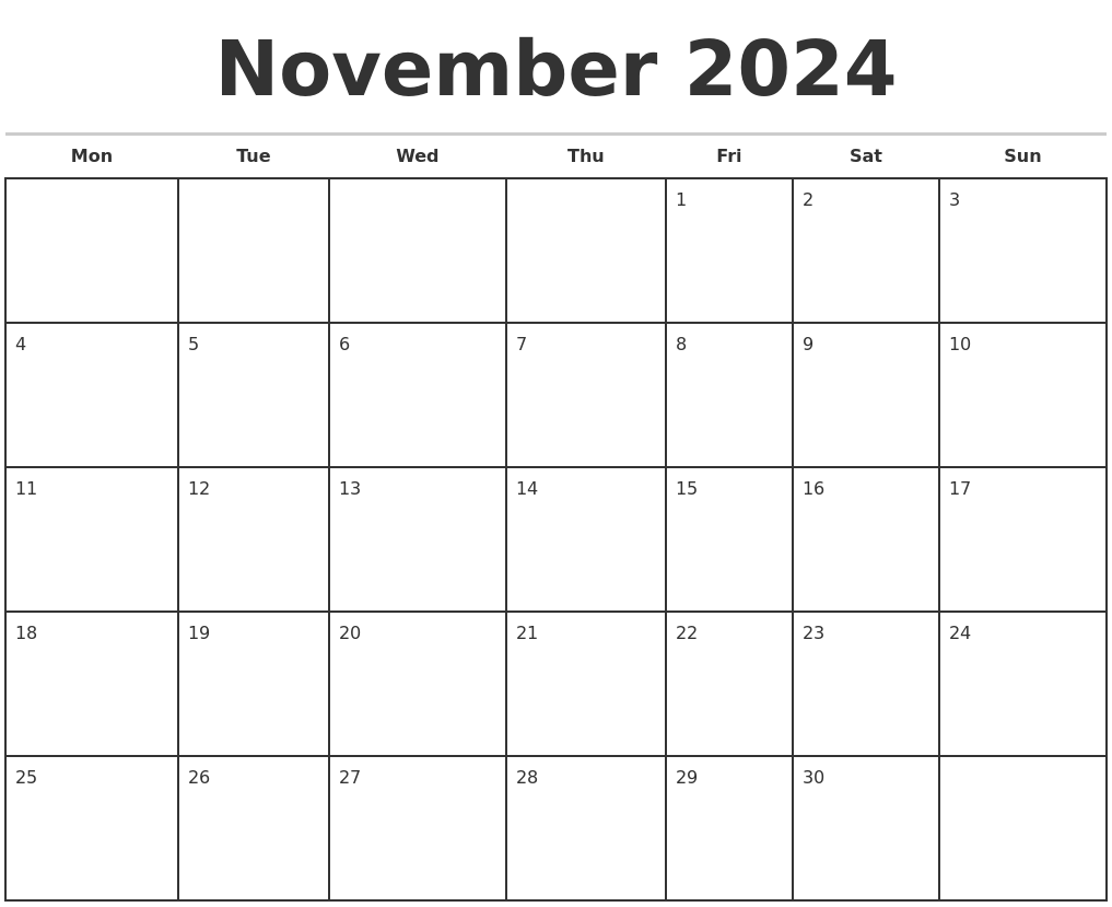 November 2024 Monthly Calendar Template - Free Printable 2024 Calendar October November December 2024