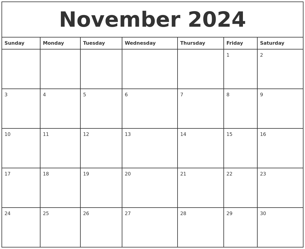November 2024 Printable Monthly Calendar - Free Printable 2024 Monthly Calendar With Holidays November