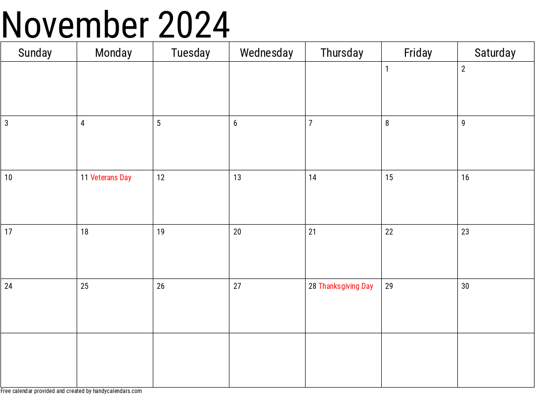 November 2024 Vertical Calendar With Notes And Holidays Handy Calendars - Free Printable 2024 Monthly Calendar November