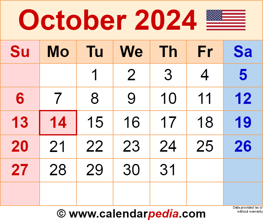 October 2024 Calendar Templates For Word Excel And PDF - Free Printable 2024 October Calendar With Holidays