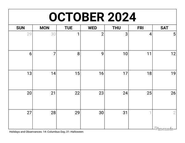 October 2024 Calendars Free Printable With Holidays - Free Printable 2024 October Calendar