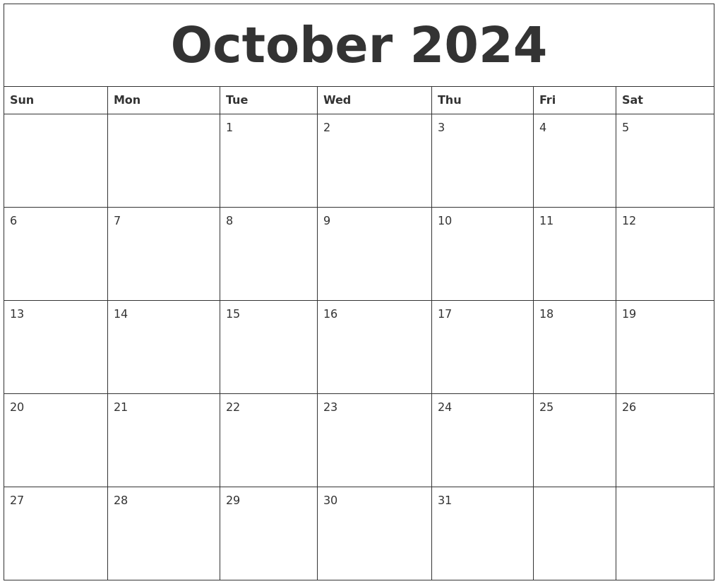 October 2024 Free Printable Blank Calendar - Free Printable 2024 Calendar October