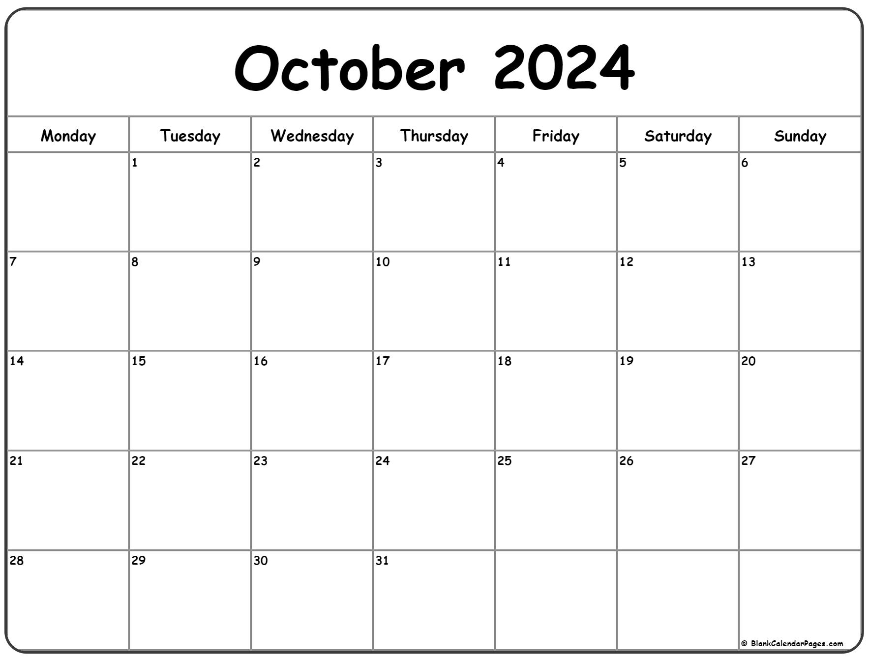 October 2024 Monday Calendar | Monday To Sunday pertaining to Free Printable Calendar 2024 October And November