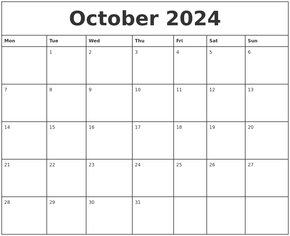October 2024 Printable Monthly Calendar - Free Printable 2024 Monthly Calendar October