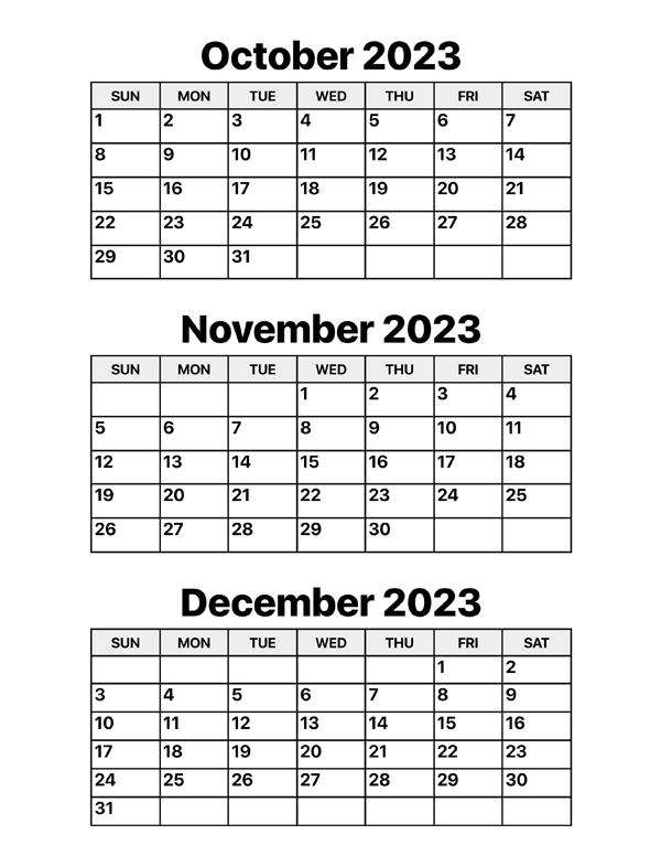 October November And December 2023 Calendar Calendar Options - Free Printable 3 Month Calendar 2024 October November December