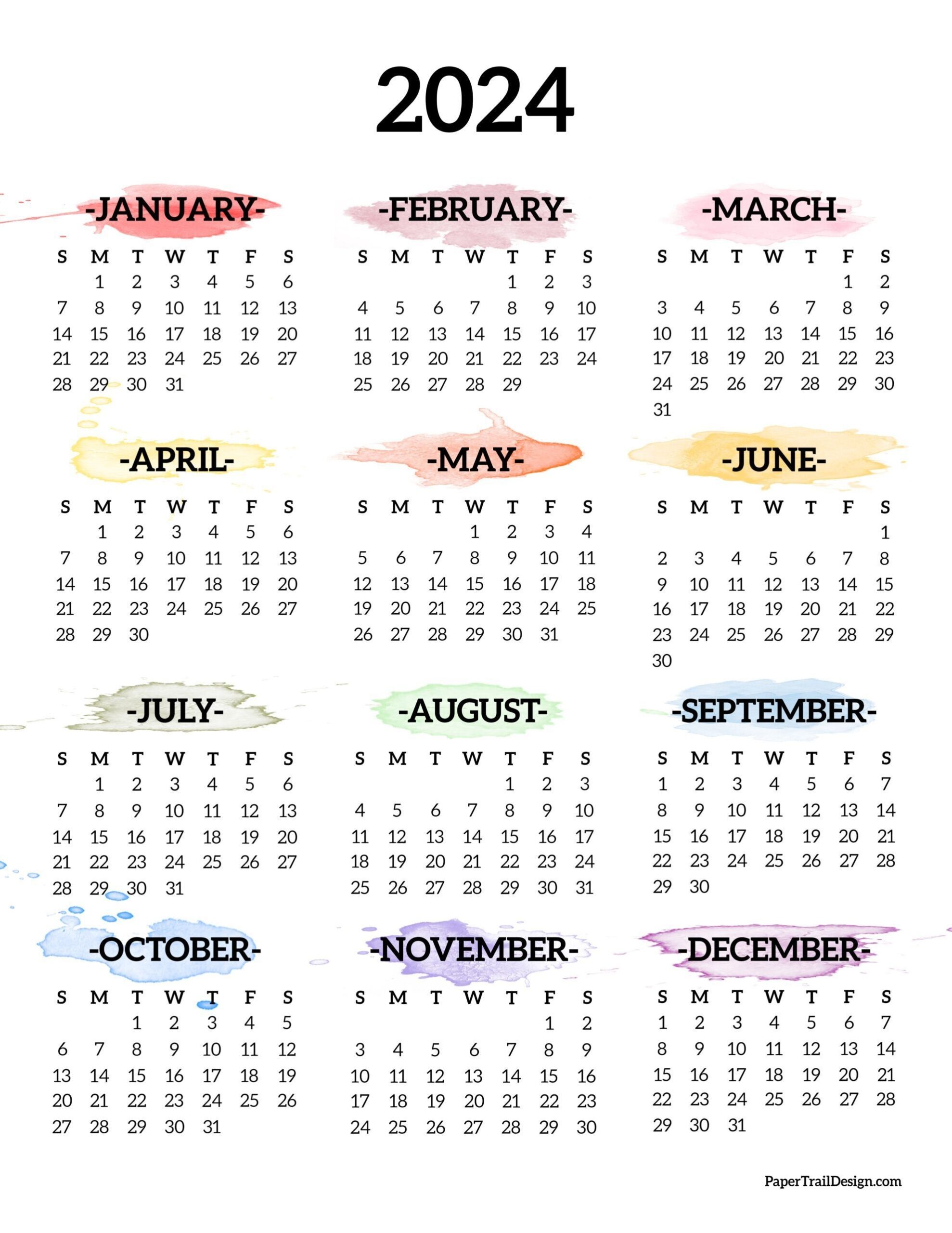 Print This Fun 2024 One Page Calendar In A Fun Rainbow Watercolor | Free Printable 2024 Calendar Fun