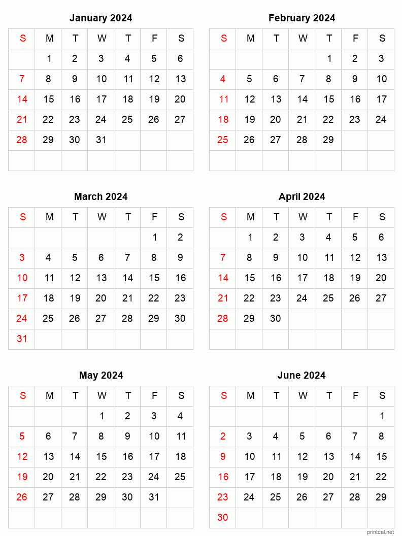Printable 2024 Calendar Six Months Per Page Free Printable Calendars - Free Printable 6 Month Calendar 2024 July