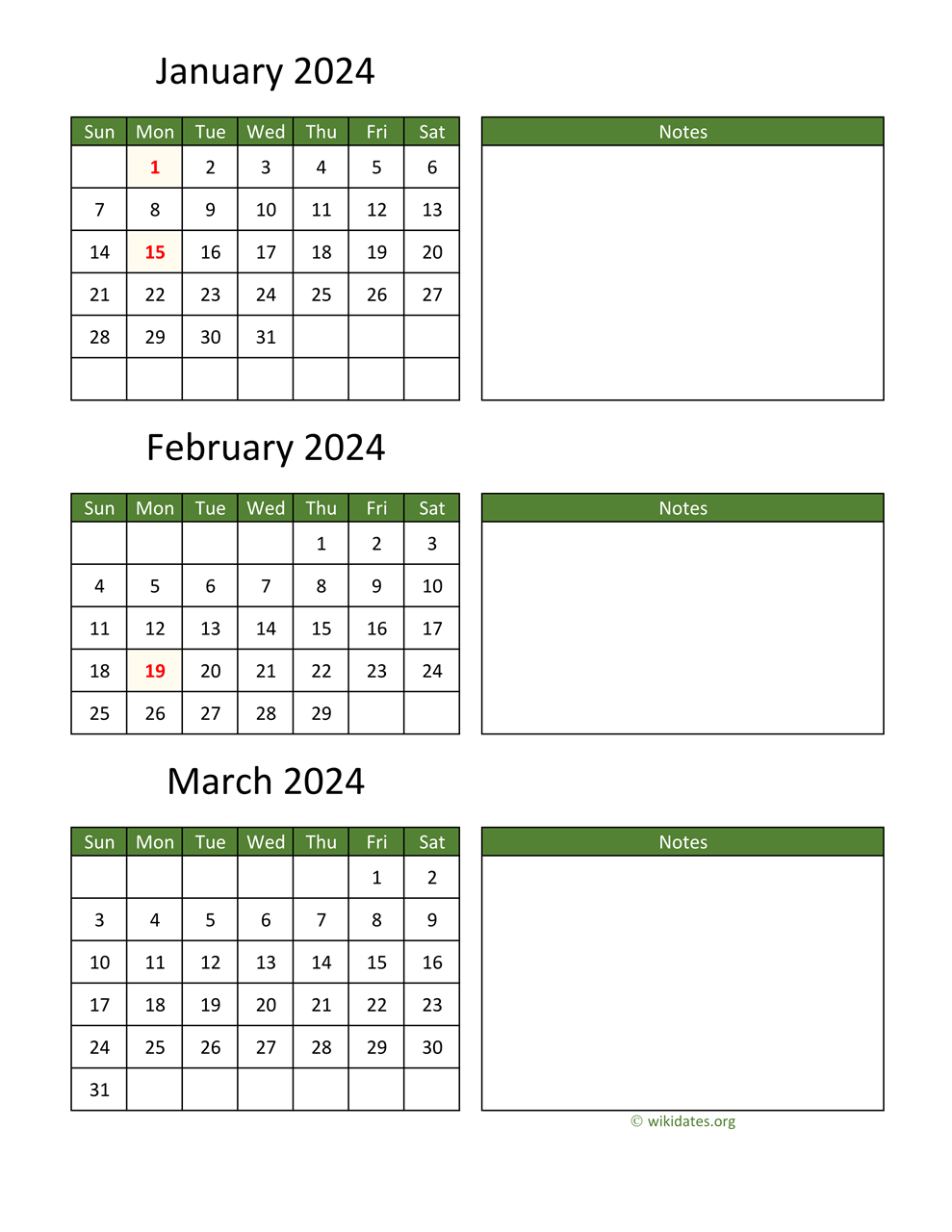 Printable 2024 Calendar WikiDates | Free Printable 2024 Calendar With Notes Section