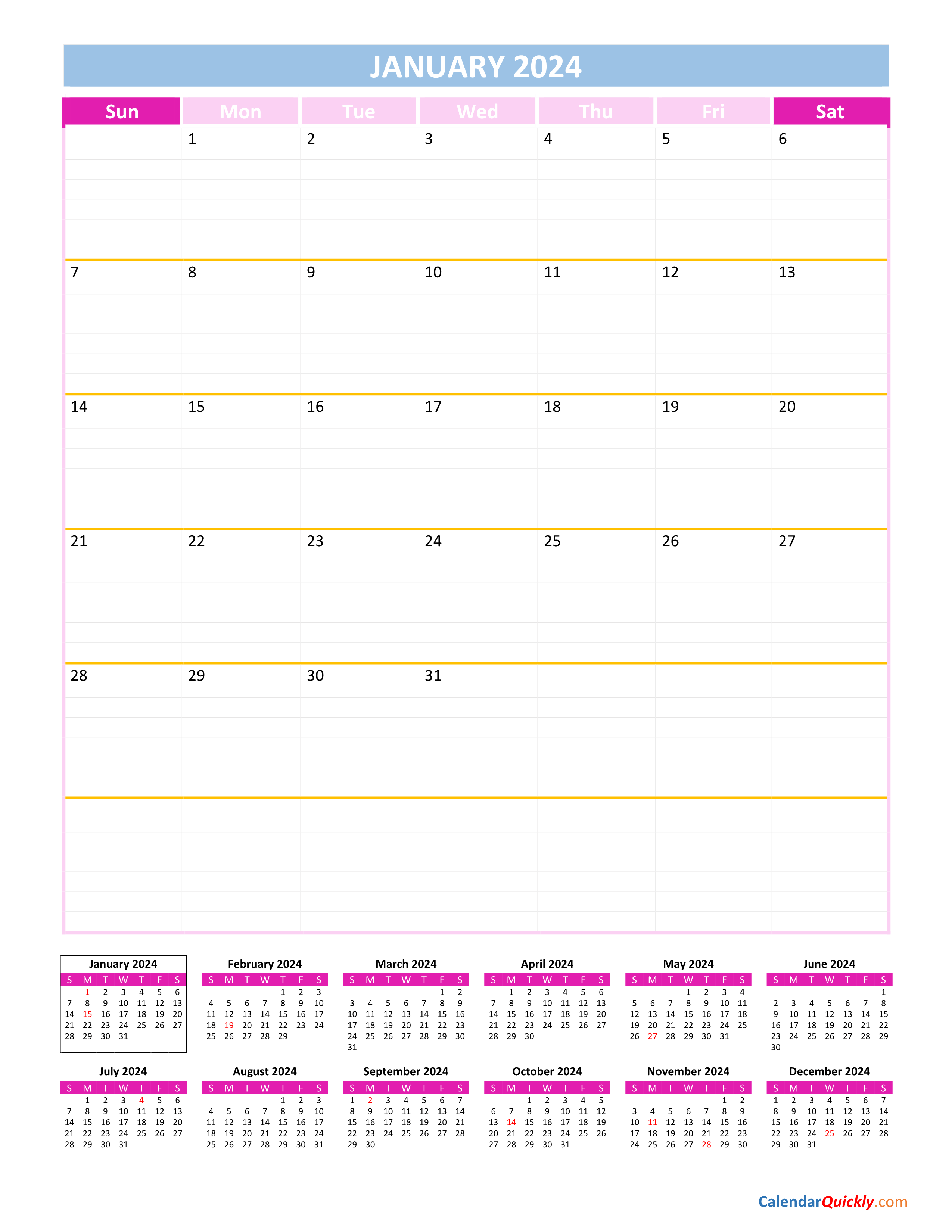 Printable 2024 Monthly Calendar - Free Printable 2024 Calendar With Holidays 3 Months Per Page
