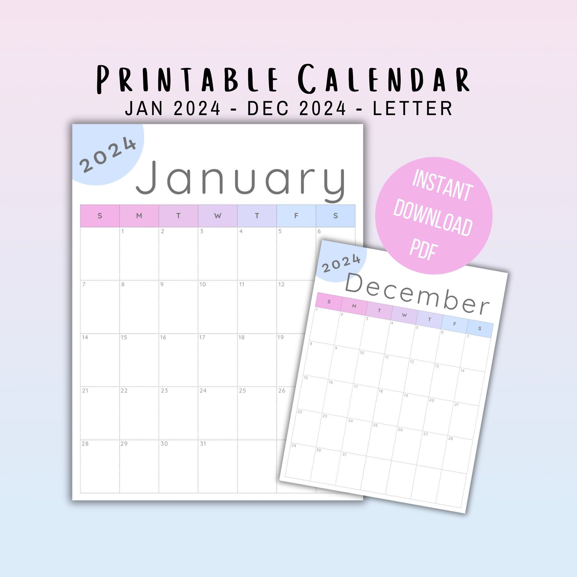 Printable 2024 Monthly Calendar Blue Pink Pastel Portrait - Etsy in Free Printable Calendar 2024 Blue Plaid