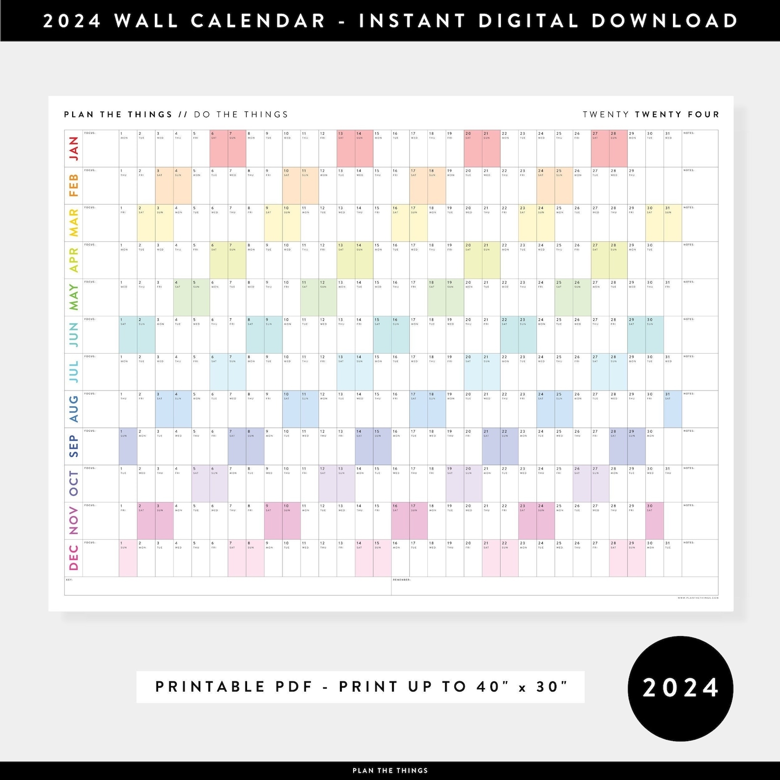 PRINTABLE 2024 Wall Calendar Digital PDF Instant Download Etsy Australia - Free Printable 2024 Personalized Calendar