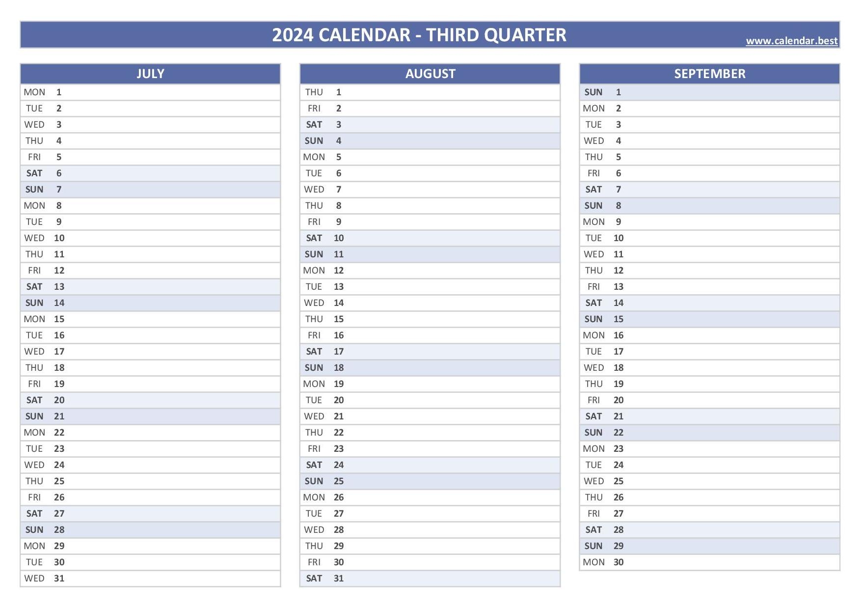 Printable 3Rd Quarter 2024 Calendar regarding Free Printable Calendar 2024 3 Month Calendar