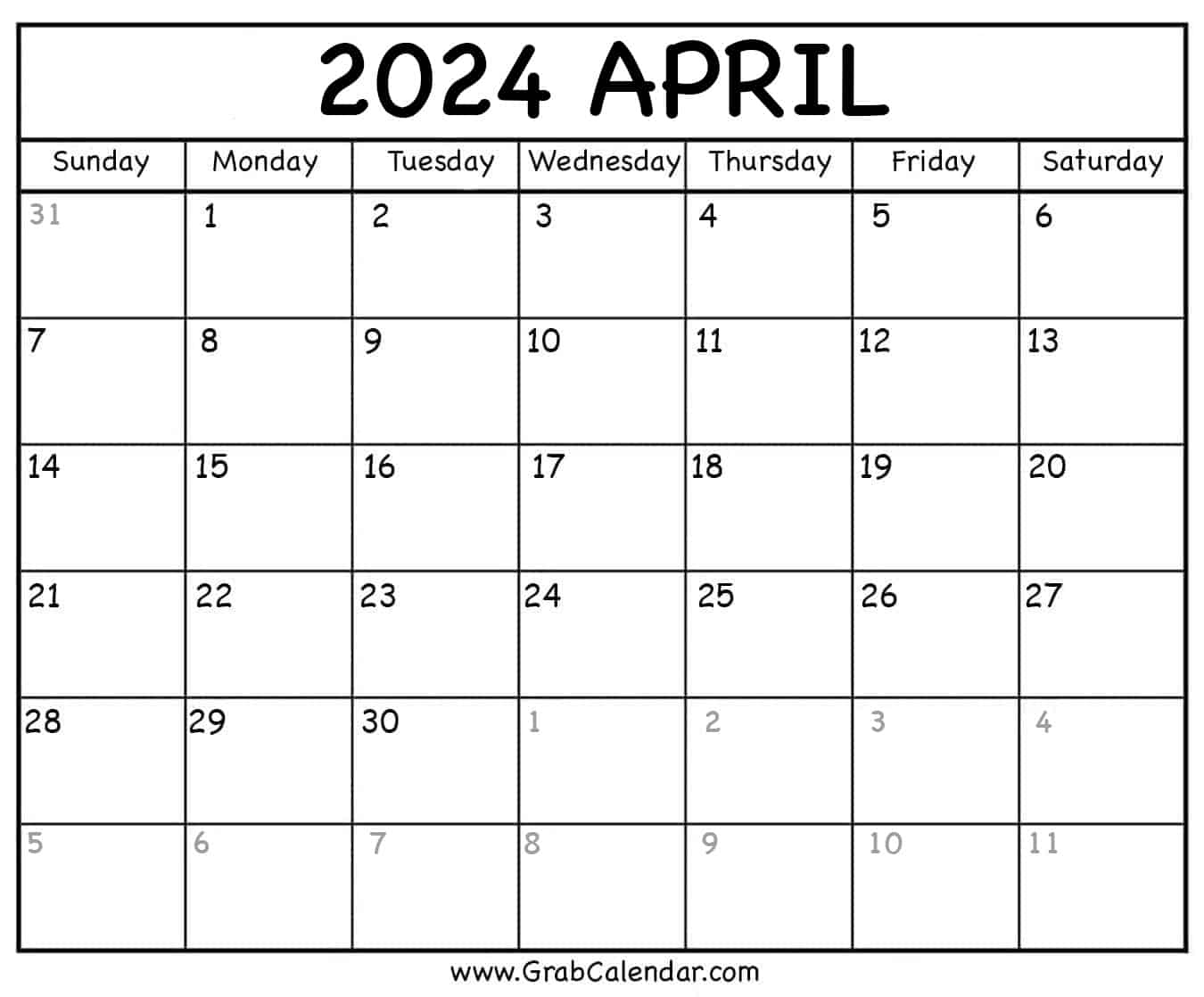 Printable April 2024 Calendar for Free Printable Blank Calendar April 2024