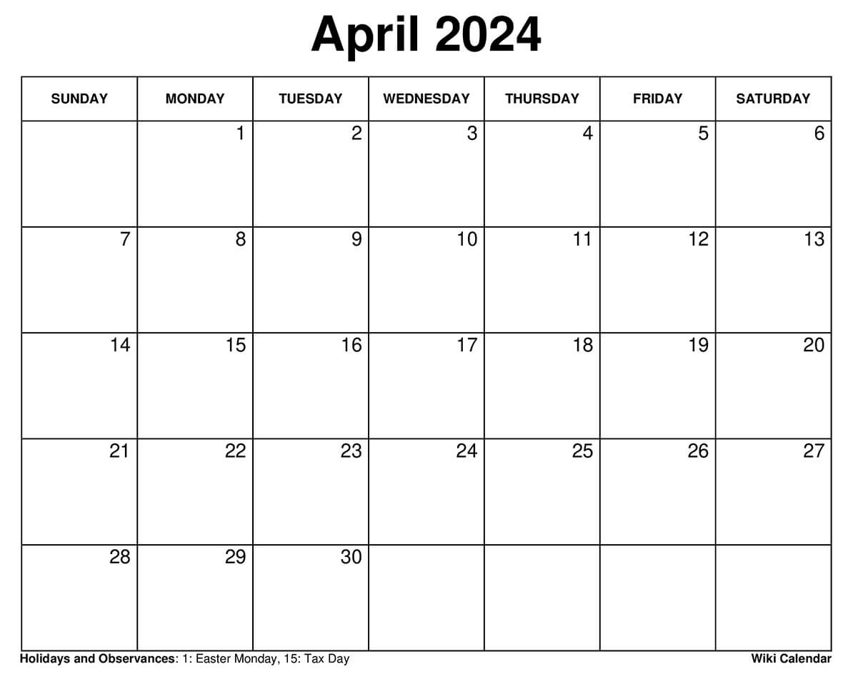Printable April 2024 Calendar Templates With Holidays for Free Printable April 2024 Calendar Large Boxes