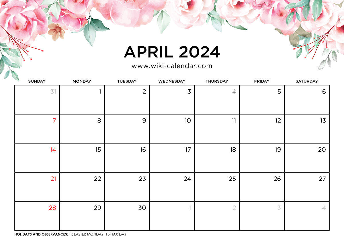 Printable April 2024 Calendar Templates With Holidays in Free Printable April 2024 Calendar