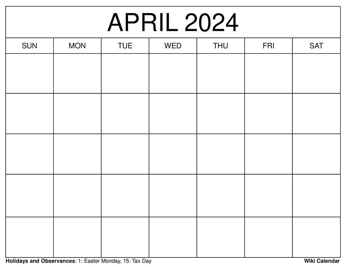 Printable April 2024 Calendar Templates With Holidays within Free Printable Calendar 2024 Wiki Calendar