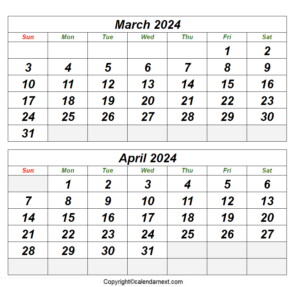 Printable Blank March April 2024 Calendar With Holidays - Free Printable April 2024 Calendar Large Print